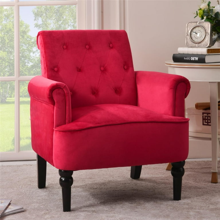 Accent Chair: Red Fabric, Diamond Tufting, Turned Legs, Vintage Style