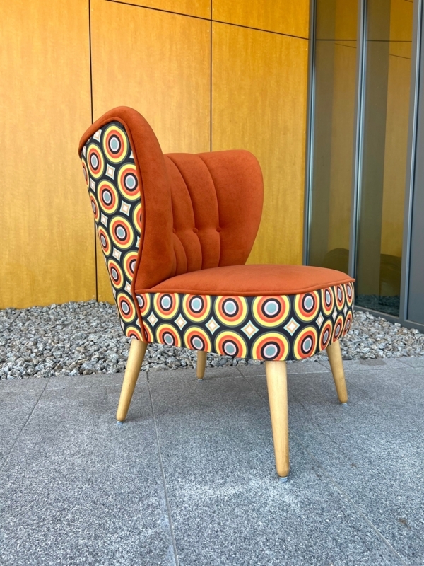 Accent Chair: Retro Brick Red with Concentric Circle Geometric Pattern