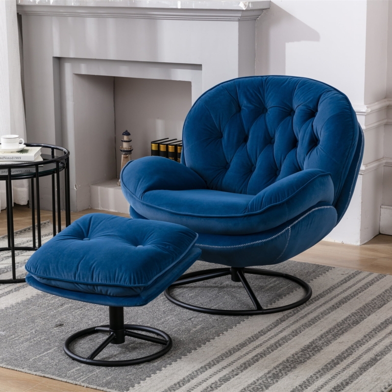 Accent Chair Royal Blue Velvet Swivel Base Tufted Back with Ottoman