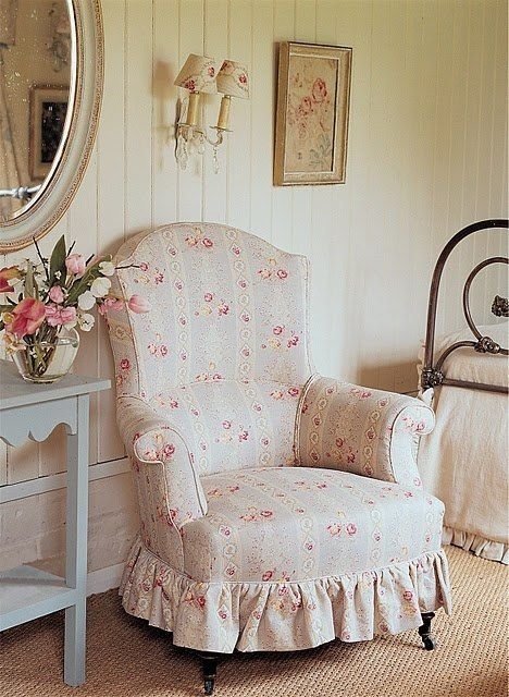 Accent Chair Ruffled Skirt Pink Rose Stripe Cottagecore