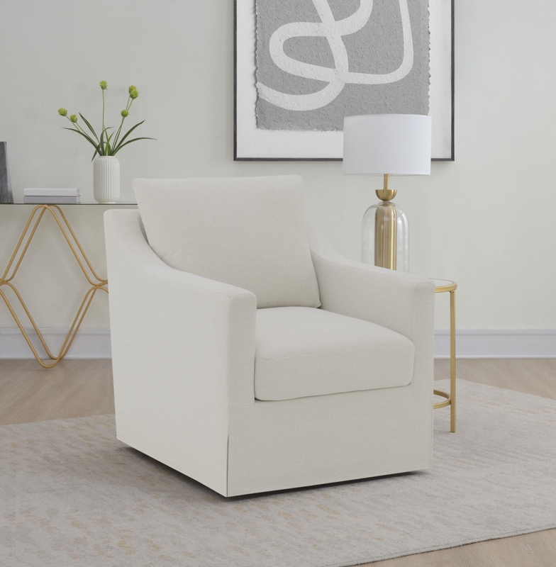 Accent Chair Sloped Arms Swivel Skirted Base Beige Transitional