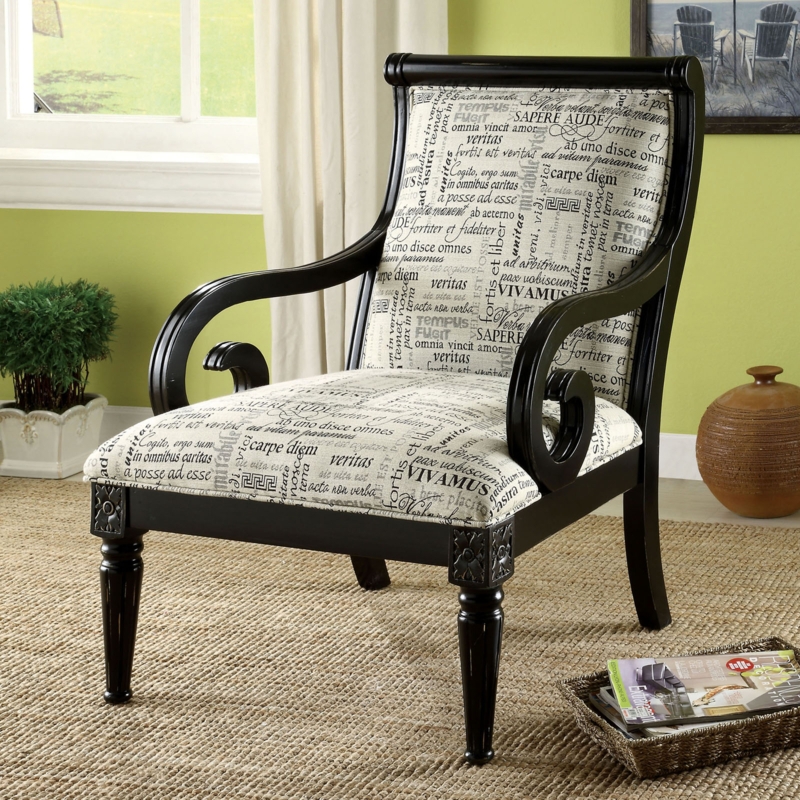 Accent Chair Transitional Typographic Print Matte Black Scrolled Arms