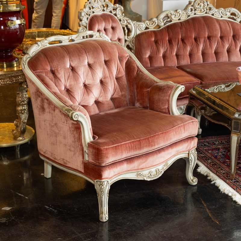 Accent Chair: Victorian Revival with Ornate Carvings in Dusty Rose