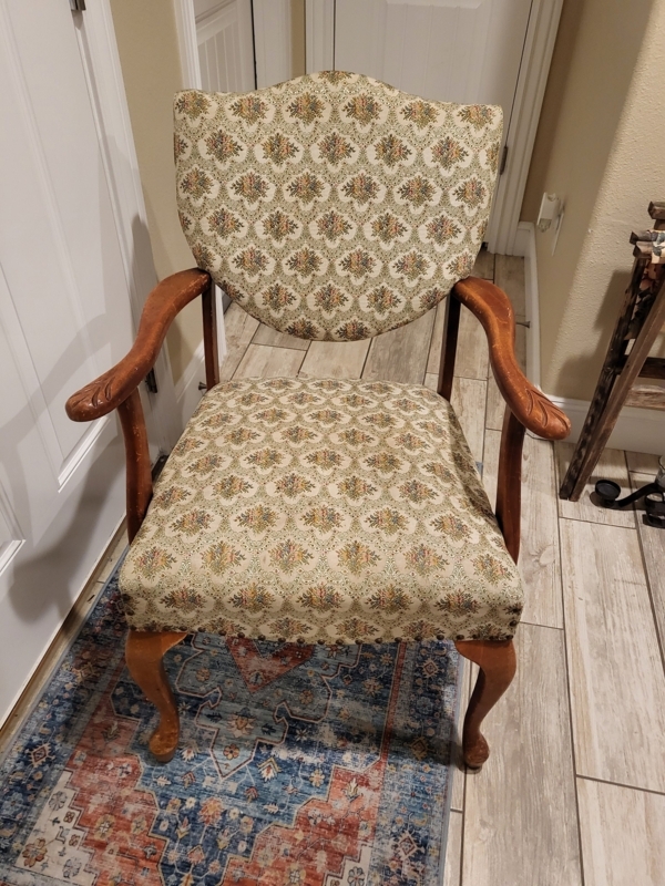Accent Chair Vintage Floral Upholstery Distressed Finish Carved Arms