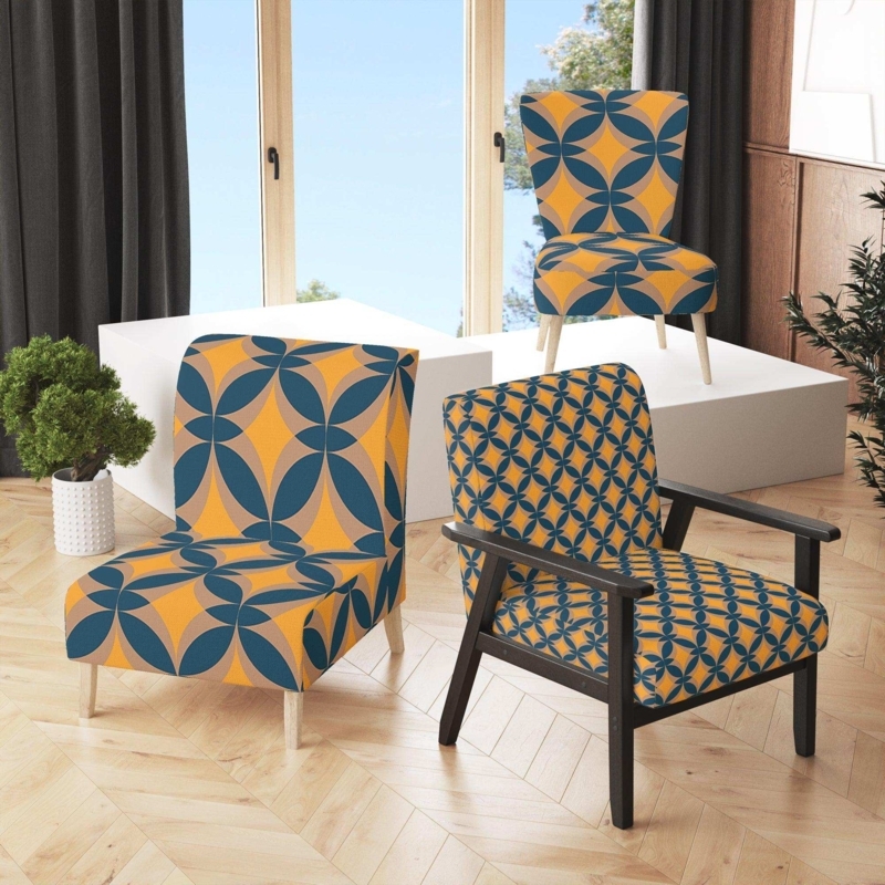 Accent Chair with Abstract Retro Geometric Pattern in Teal and Mustard