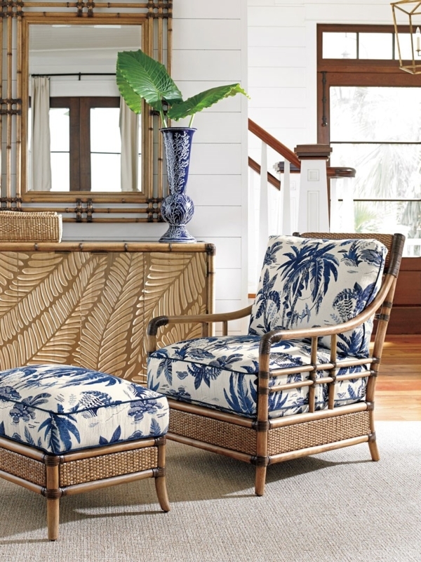Accent Chair with Palm Print Upholstery and Rattan Lattice Frame