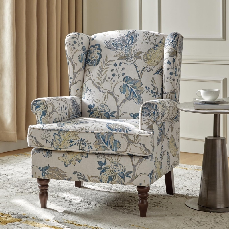 Accent Chair with Traditional Blue Botanical Print and Turned Legs