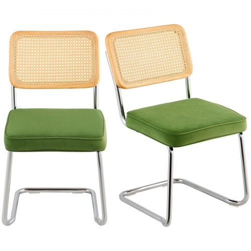 Accent Chairs Set of 2: Green Velvet, Cane Backrest, Cantilever Base