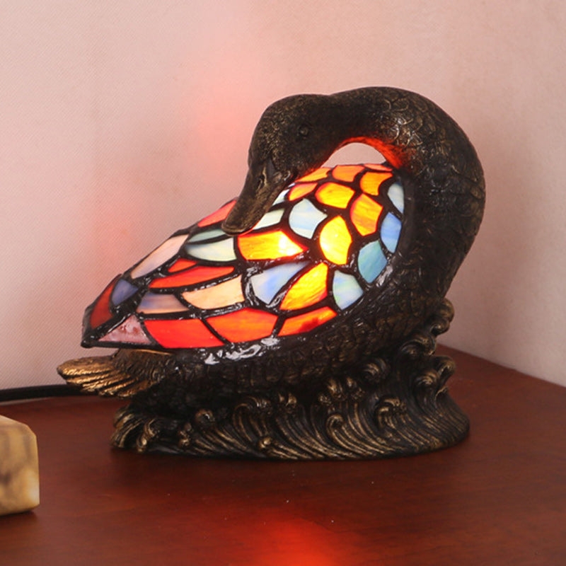 Accent Lamp Duck Silhouette Stained Glass Wave Base Antique Bronze