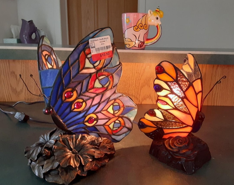 Accent Lamp: Jewel Toned Stained Glass Butterfly & Floral Base
