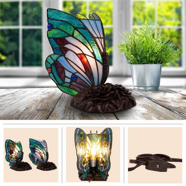 Accent Lamp: LED Compatible Stained Glass Butterfly Rose Sculpted Base