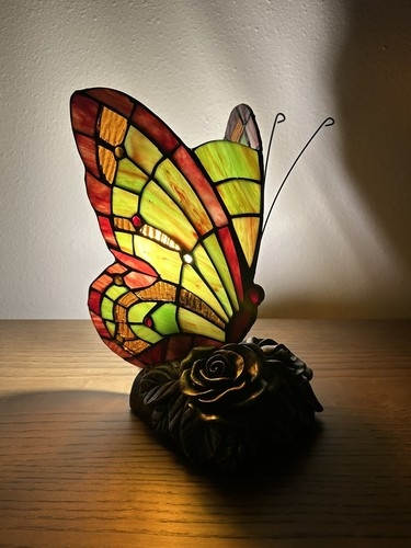 Accent Lamp: Lime Green Stained Glass Butterfly with Rose Base