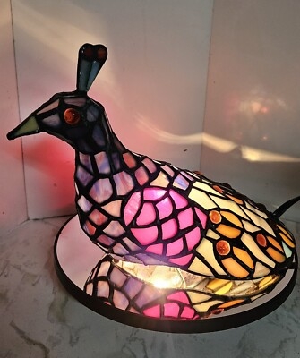 Accent Lamp Peacock Motif Stained Glass Bird Shape Amethyst tones