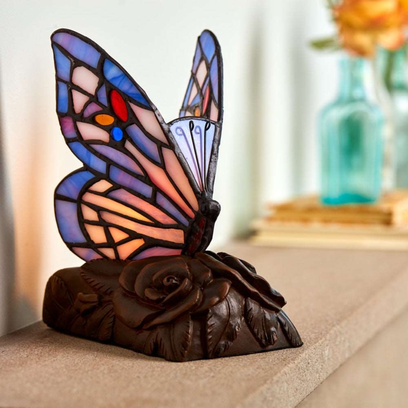 Accent Lamp: Purple Stained Glass Butterfly with Rose Base