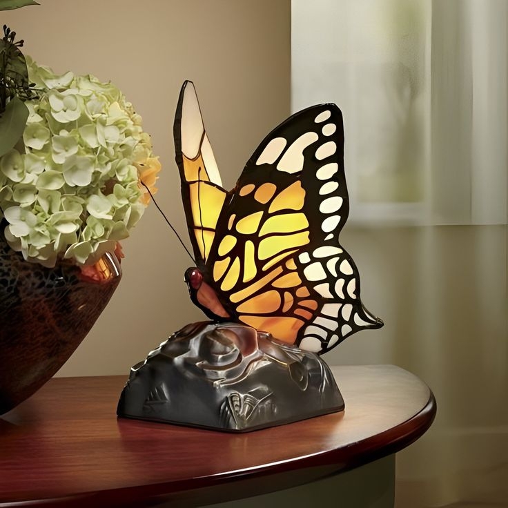 Accent Lamp: Sculpted Rock Base with Monarch Stained Glass Butterfly
