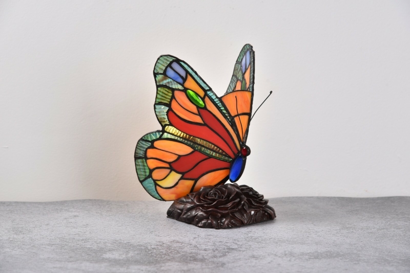 Accent Lamp: Stained Glass Butterfly with Rose Base, Sunset Orange