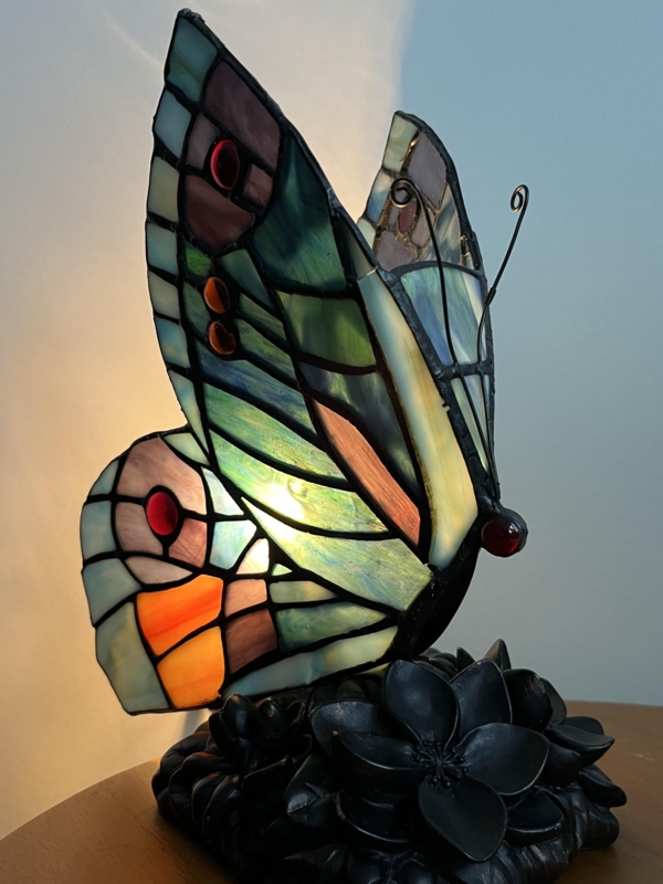 Accent Lamp: Teal Green & Amber Orange Stained Glass Floral Base