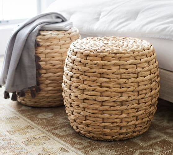 Accent Stool Drum Shape Chunky Braided Seagrass Natural