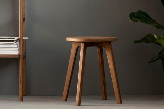 Accent Stool Round Walnut Tapered Legs Integrated Apron Midcentury Modern