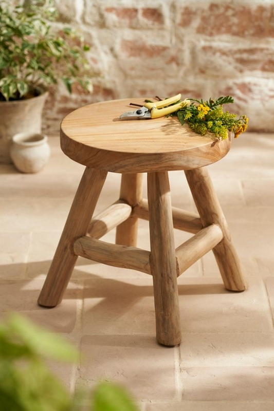 Accent Stool Teak Root Round Seat Chunky Legs Organic Silhouette Rustic