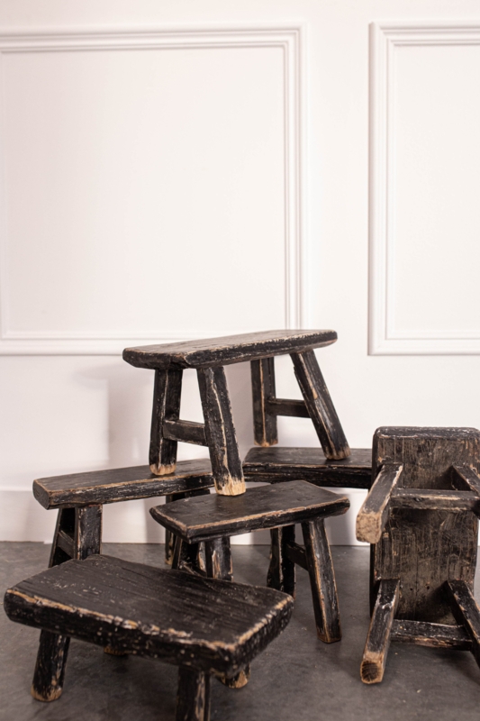 Accent Stool Vintage Distressed Black Wood Rectangular Primitive Joinery Worn