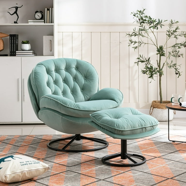 Accent Swivel Chair Teal Green Button Tufting Ottoman Metal Base