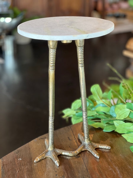Accent Table: Whimsical Antique Gold Bird Leg Base, Marble Top