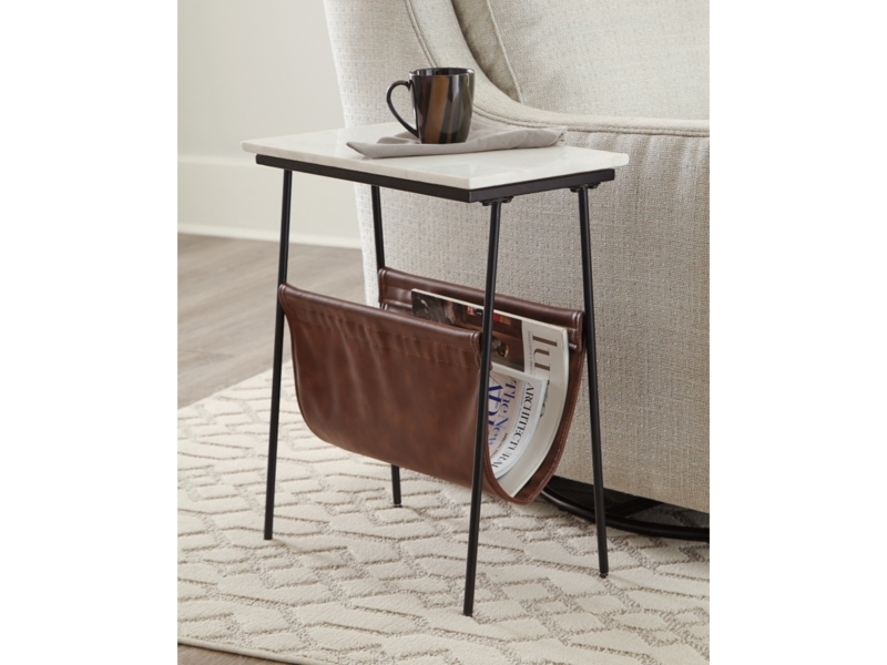 Accent Table with Stone-Like Top & Leather-Like Magazine Sling