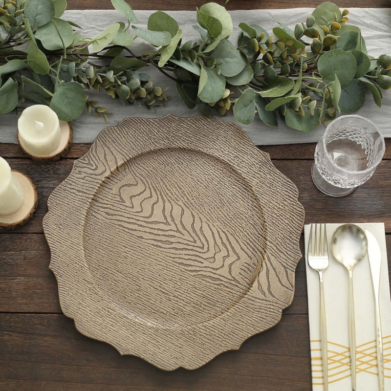 Acrylic Charger Plates with Wood Grain Pattern, Scalloped Rim, Boho