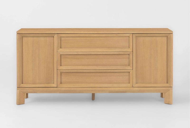 Adamas Natural Oak Wood 3 Drawer 2 Door 72" Faceted Sideboard Buffet