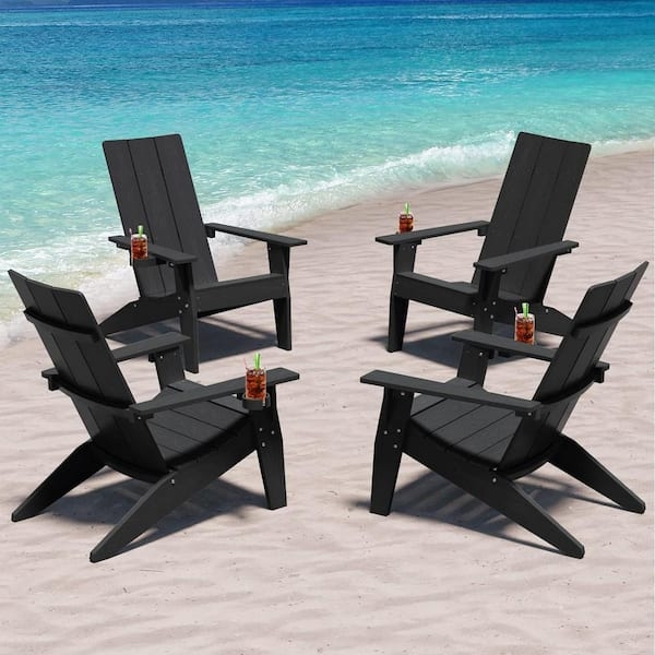 Adirondack Chair Set Matte Black Faux Wood Oversized Cup Holders