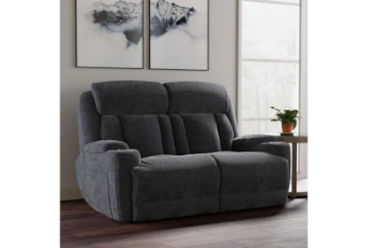 Adjustable Headrest Power Reclining Loveseat: Charcoal Polyester
