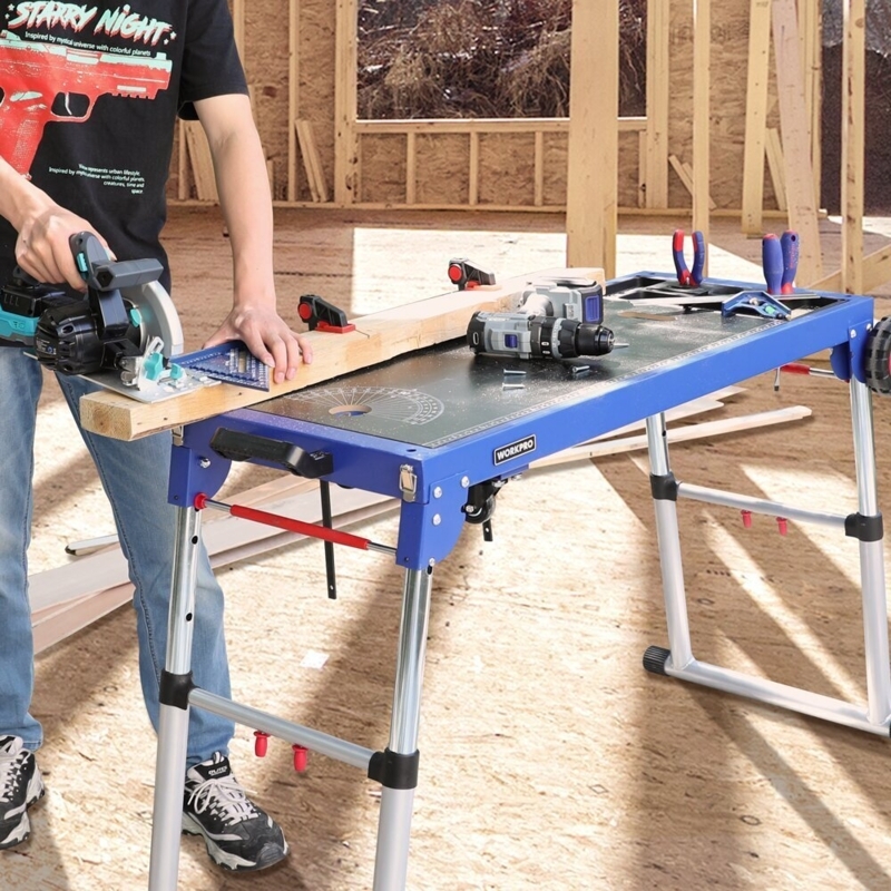 Adjustable Height Workbench Cobalt Blue Folding Frame Measurement Markings