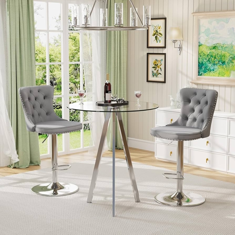 Adjustable Pedestal Bar Table Set Diamond Tufted Grey Stools