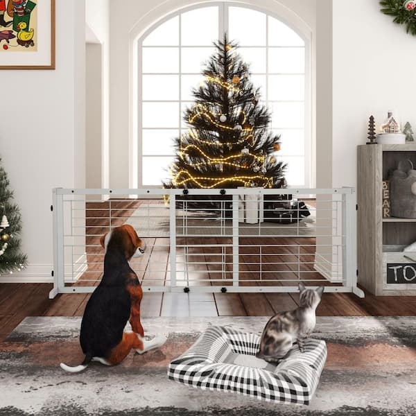 Adjustable Pet Gate, White Grid Mesh Design with Expandable Width