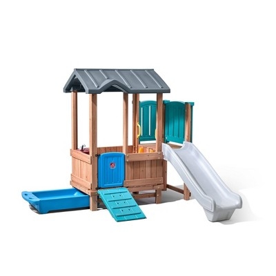 Adventure Playhouse, Sandbox Tray, Climbing Ramp & Teal Accents