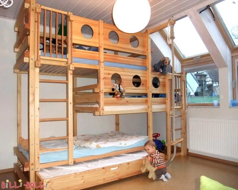 Adventure Themed Triple Bunk Bed, Rope Swing, Natural Wood, Portholes