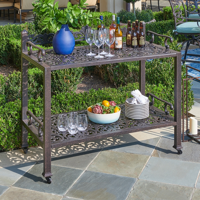 Aged Bronze Serving Cart, Traditional Patio Trolley with Filigree