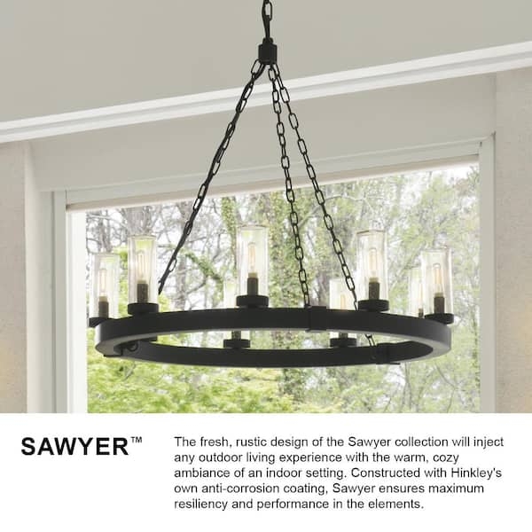 Aged Zinc Wagon Wheel Chandelier, Clear Glass Rustic Patio Fixture.