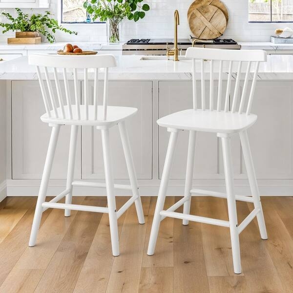 All White Solid Wood Bar Stool with Splayed Legs, Modern Farmhouse Stools.