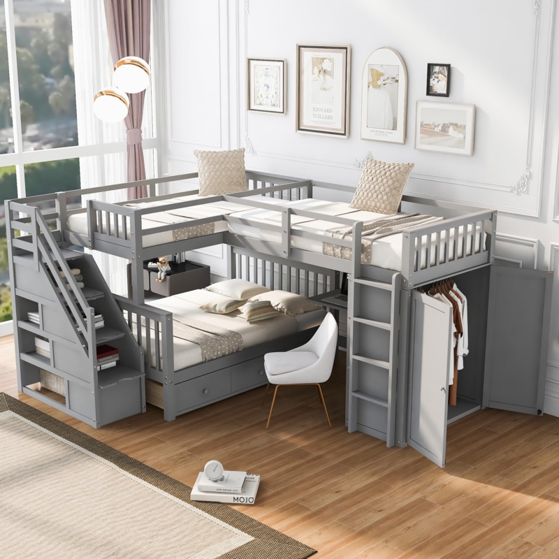 Amazon.com: Bellemave L Shaped Triple Bunk Bed with Storage Staircase,  Wardrobe, Desk & Drawers, Wooden Bunk Bed for 3 Kids, Twin Over Full Bunk  Beds, L-Shaped Loft Bed for Kids, Teens, Adults (