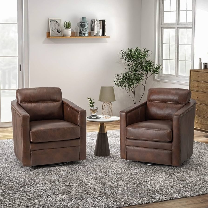 Amazon.com: HULALA HOME Modern Swivel Chair Set of 2, Genuine Leather  Barrel Club Chair with Metal Base & Removable Cushion, Accent Armchair  Single Sofa Seat for Living Room, Bedroom, Home Theater, Choclate :