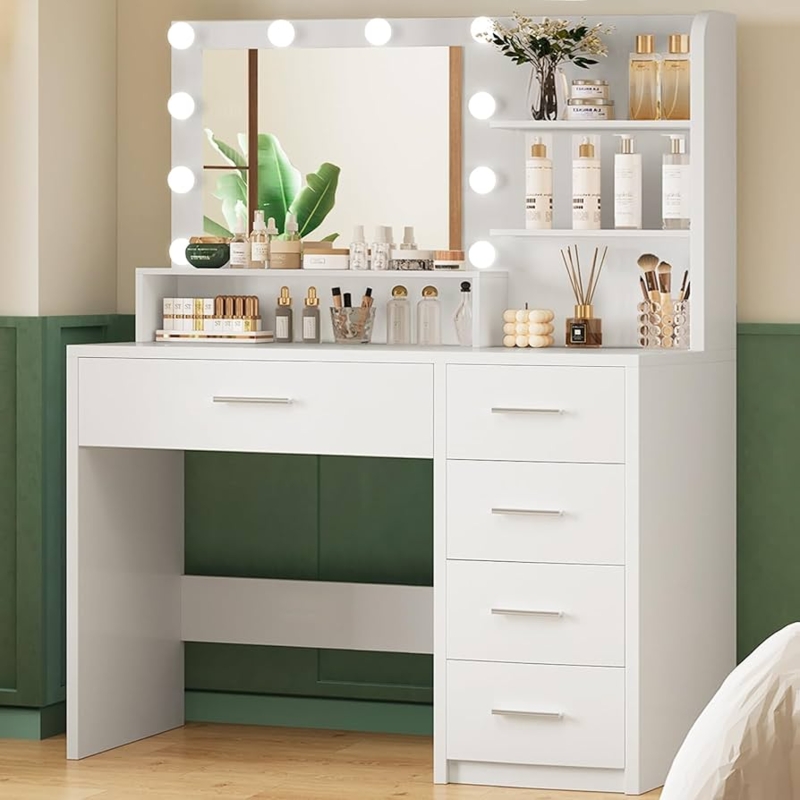 Amazon.com: Quimoo Vanity Desk with Mirror & Lights, Makeup Vanity with 5  Drawers & Storage Shelves, White Vanity Table, 3 Color Modes & Adjustable  Brightness, Dressing Table, Bedroom : Home & Kitchen