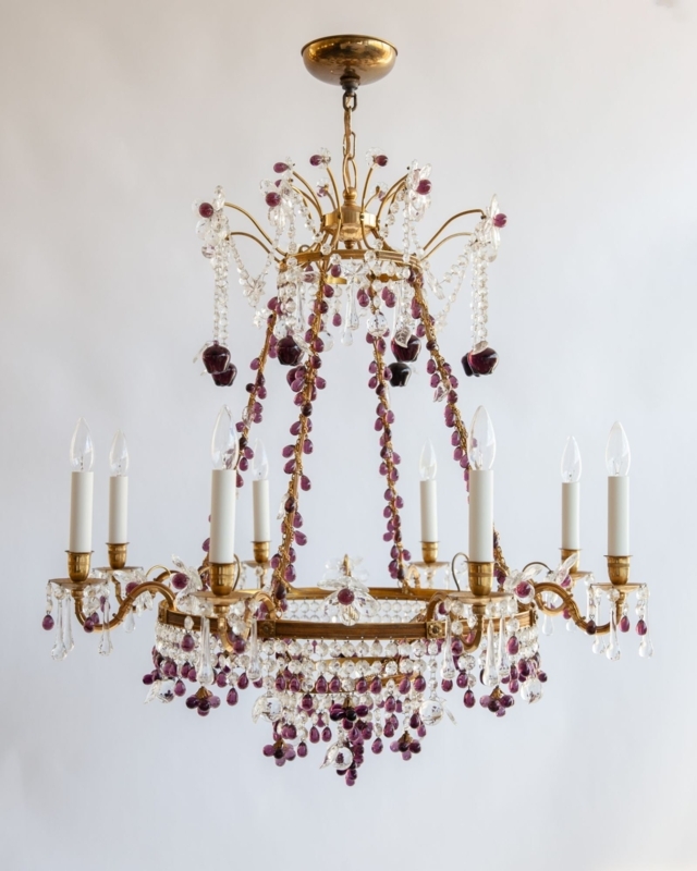 Amethyst Crystal Chandelier: Grape Cluster Details, Polished Brass.