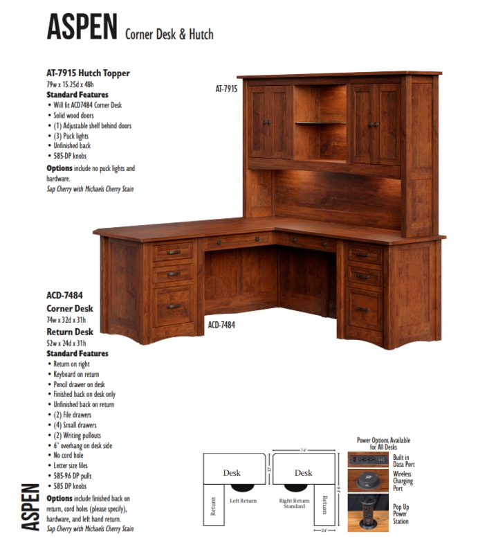 Amish Corner Desk Hutch: L-Shaped Design Integrated Power Ports