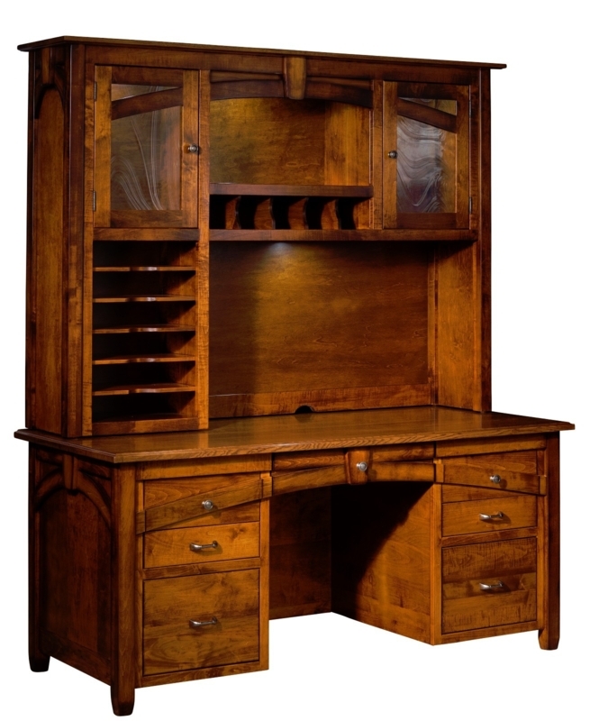 Amish Wood Desk with Hutch: Wavy Glass Doors Integrated Pigeonholes