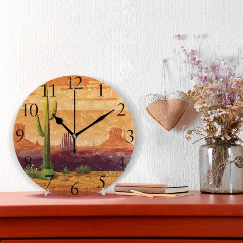 Analog Clock: Saguaro Cactus Print, Warm Earth Tone Wall Art