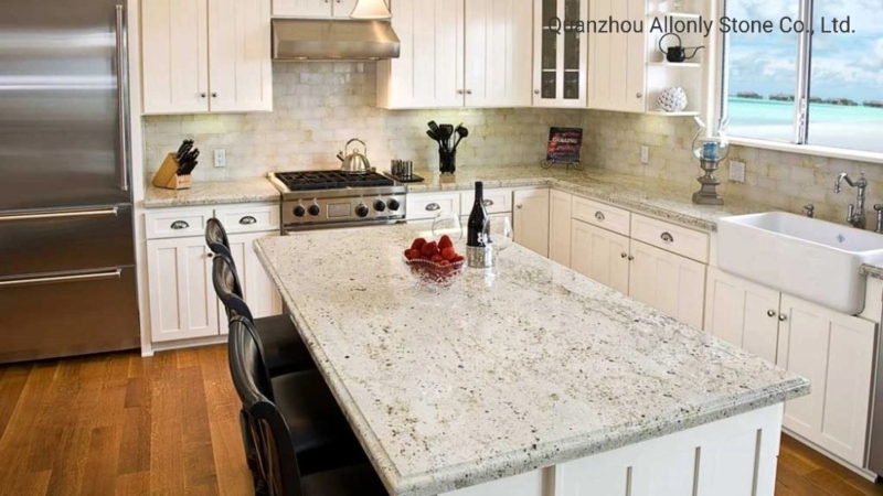 Andromeda White Granite Island With Farmhouse Sink And Seating