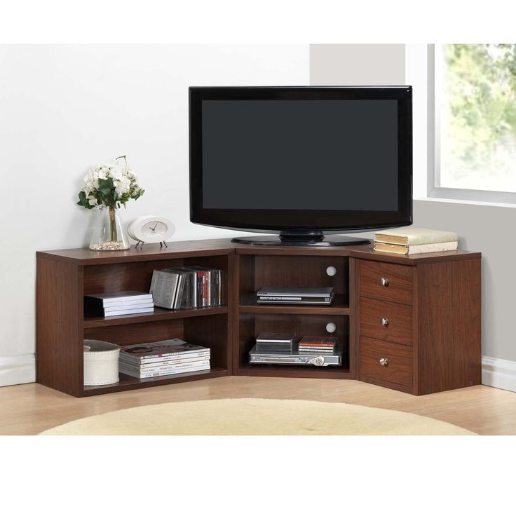 Angled TV Stand with Drawers and Open Shelving in Dark Walnut Tone