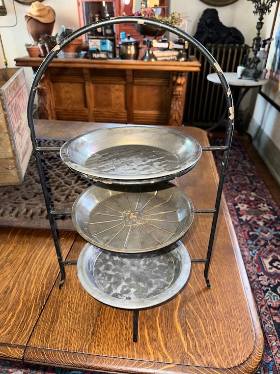 Antique 3-Tier Pie Rack, Distressed Black with Mismatched Pans